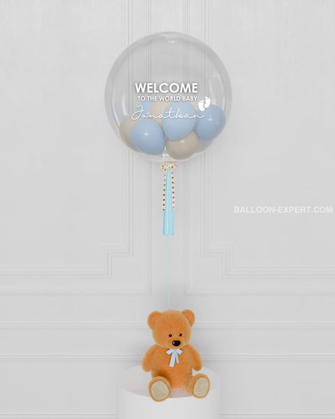 Baby Blue Personalized Bubble Balloon Filled with Small Balloons, helium inflated