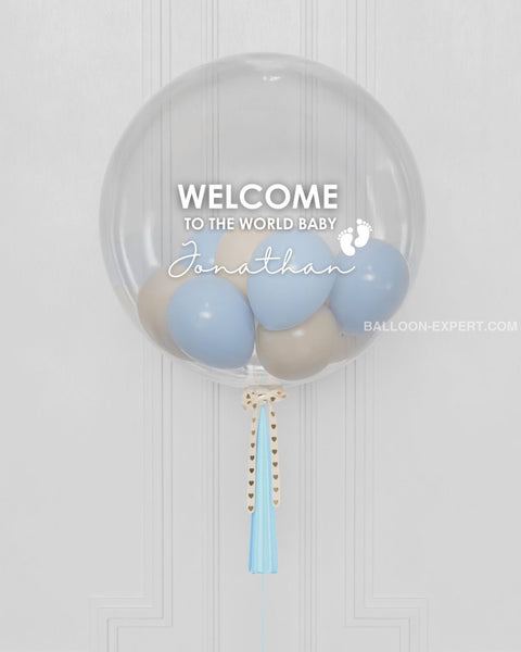 Baby Blue Personalized Bubble Balloon Filled with Small Balloons, close up