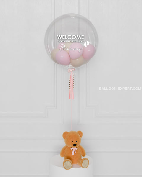 Baby Pink Bubble Balloon Filled with Small Balloons, inflated with helium