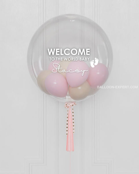 Baby Pink Personalized Bubble Balloon Filled with Small Balloons, close up