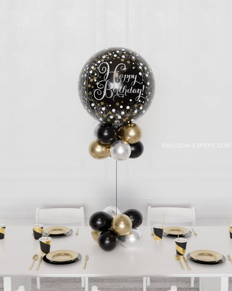 Black, Gold, and Silver - Happy Birthday Orbz Balloon Table Centerpiece from Balloon Expert