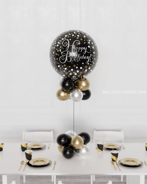 Black, Gold, and Silver - Happy Birthday Orbz Balloon Table Centerpiece from Balloon Expert