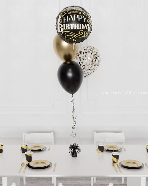 Black and Gold - Happy Birthday Confetti Foil Balloon Bouquet, 4 Balloons from Balloon Expert