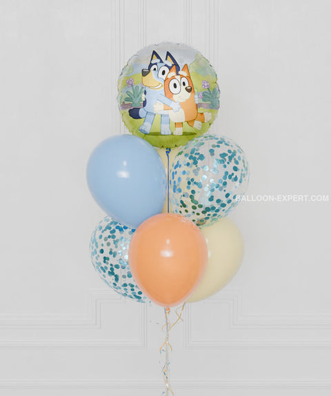Bluey Blue Foil Confetti Balloon Bouquet, 7 balloons, close up image