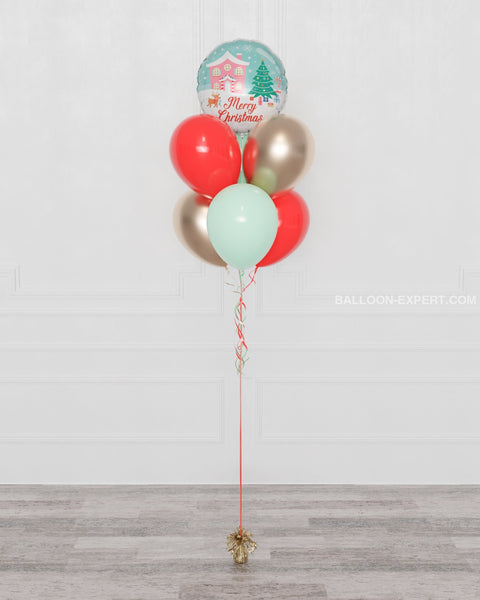 Christmas Red, Mint, Gold Confetti Balloon Bouquet, 7 Balloons inflated with helium, sold by Balloon Expert