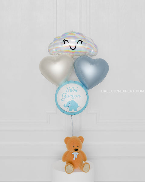 C'est un garcons! Cloud Foil Balloon Bouquet, 4 Balloons, Blue and White, latex free, balloon in french