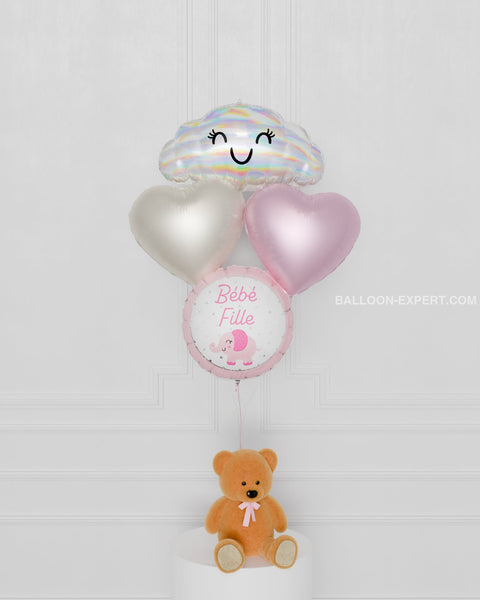 C'est une fille! Cloud Foil Balloon Bouquet, 4 Balloons - Pink and White, latex free