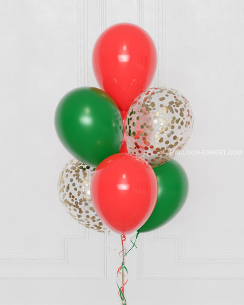 Christmas Confetti Balloon Bouquet, 7 Balloons - Red and Green, close-up image