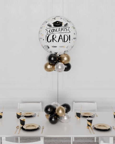 Congrats Grad Bubble Balloon Centerpiece - Black, Gold, and Silver sold by Balloon Expert