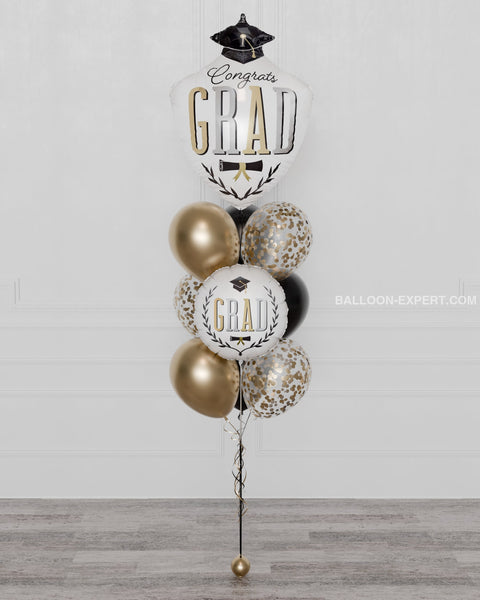 Congrats Grad Confetti Balloon Bouquet, 10 Balloons in Black and Gold , Helium Inflated