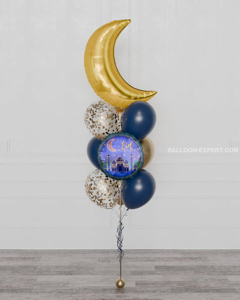 Eid Mubarak Balloon Bouquet, 10 Balloons, Blue and Gold, Helium Inflated