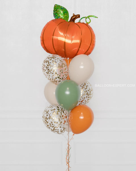 Fall Pumpkin Confetti Balloon Bouquet, 10 Balloons, close up image