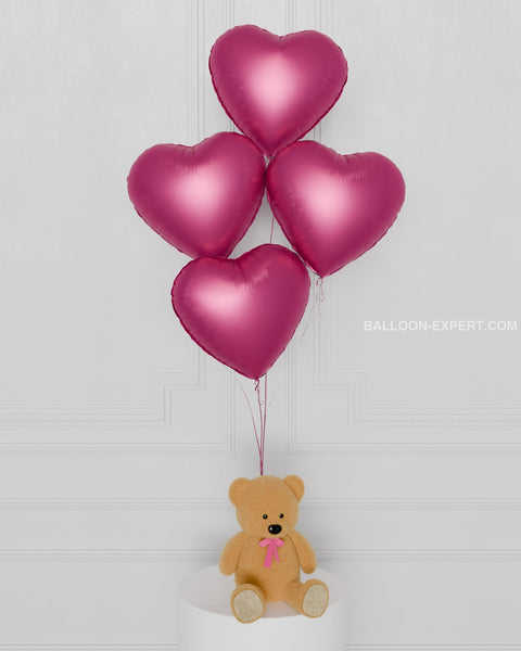 Fuchsia Heart Foil Balloon Bouquet, 4 Balloons, helium inflated, sold by Balloon Expert