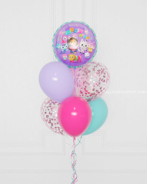 Gabby's Dollhouse Foil Confetti Balloon Bouquet, 7 balloons, close up image