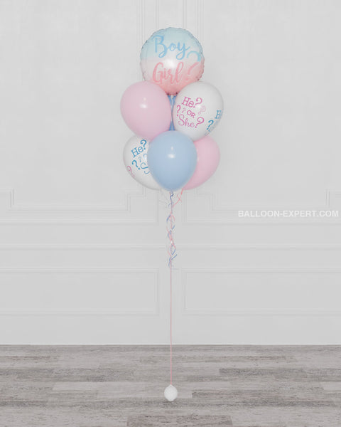 Gender Reveal Balloon Bouquet in Pink, Blue, and White latex balloons