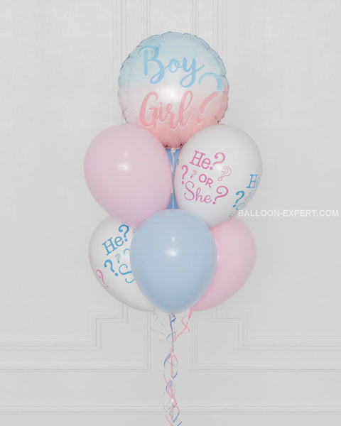 Gender Reveal Balloon Bouquet in Pink, Blue, and White closeup image