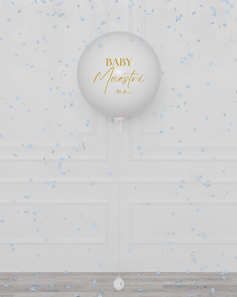 Gender Reveal Balloon Filled with Confettis in White, it's a boy