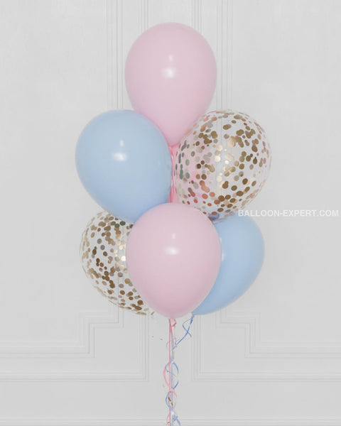 Gender Reveal Confetti Balloon Bouquet, 7 Balloons in Pink, Blue, and Gold (closeup image)