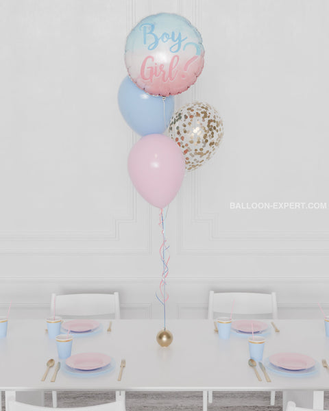 Gender Reveal Confetti Foil Balloon Bouquet, 4 Balloons in Pink and Blue latex balloons