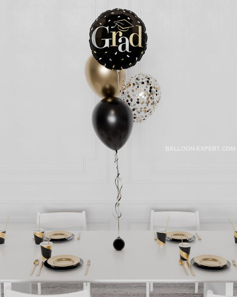 Grad Foil Confetti Balloon Bouquet, 4 Balloons in Black and Gold, Helium Inflated