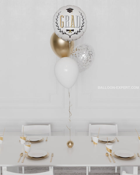 Grad Foil Confetti Balloon Bouquet, 4 Balloons in Gold and White, Helium Inflated