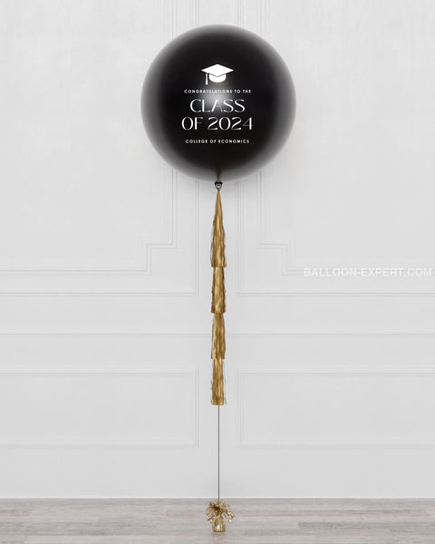 Graduation Black and Gold Jumbo Balloon with Tassels, Inflated with Helium