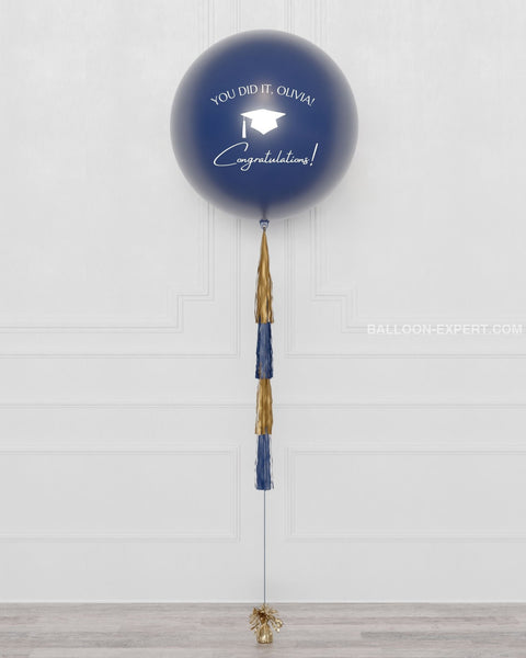 Graduation Blue Jumbo Balloon with Tassels, Inflated with Helium