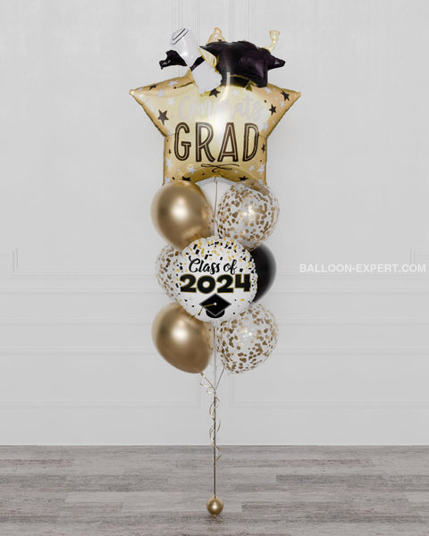 Graduation Confetti Balloon Bouquet, 10 Balloons in Black and Gold, Helium Inflated