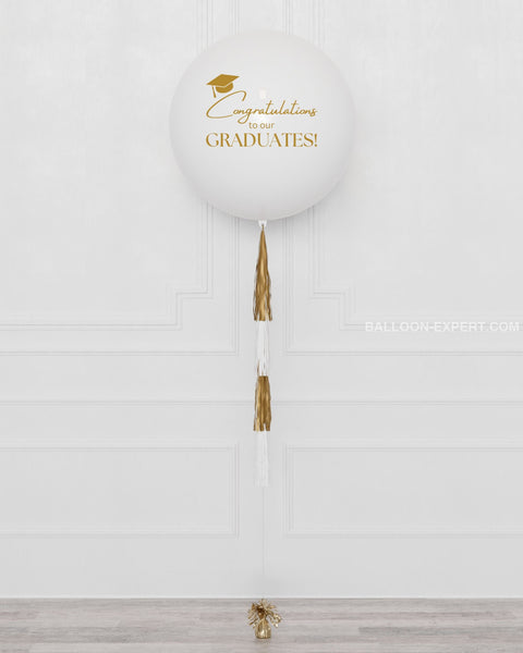 Graduation White and Gold Jumbo Balloon with Tassels, Inflated with Helium
