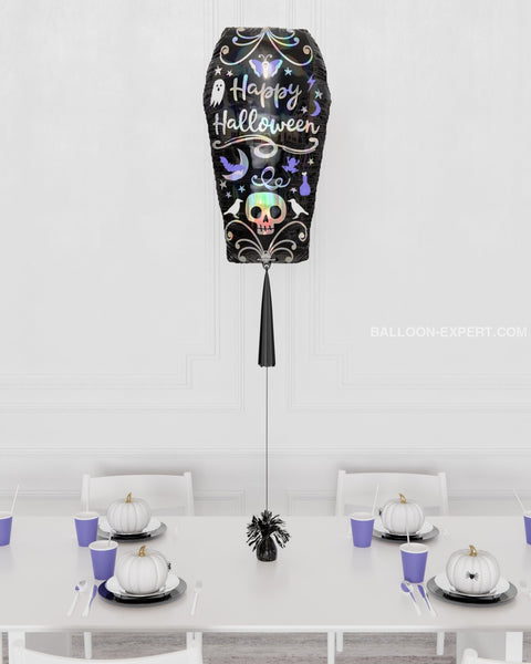 Halloween Coffin Supershape Balloon with Tassel, inflated with helium