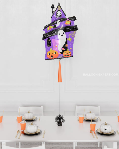 Halloween Haunted House Supershape Balloon with Tassel, inflated with helium