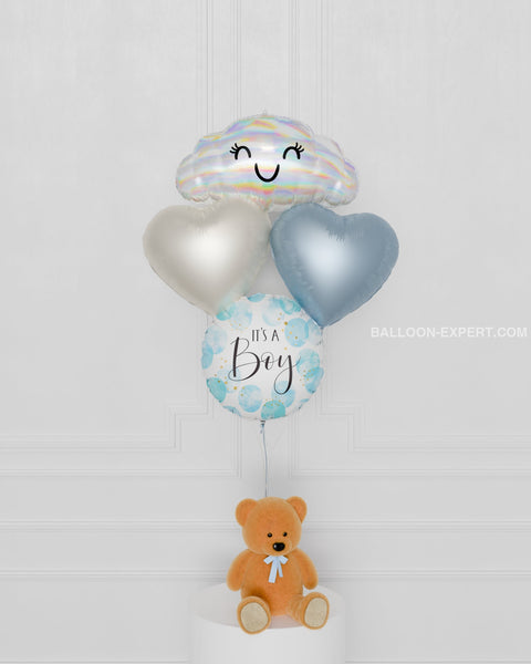 It's a Boy! Cloud Foil Balloon Bouquet, 4 Balloons, Blue and White, latex free, balloon in english