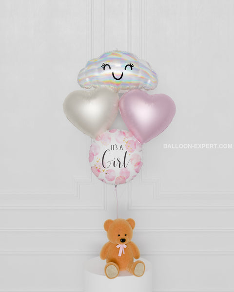It's a Girl! Cloud Foil Balloon Bouquet, 4 Balloons - Pink and White, latex free