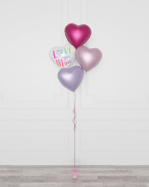 Love You Mom Heart Foil Balloon Bouquet, 4 Balloons