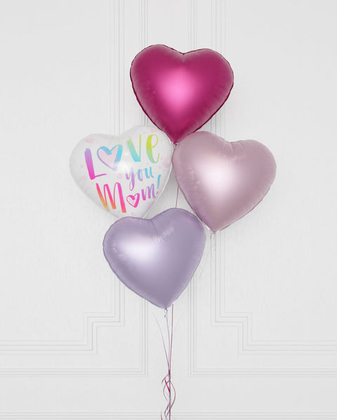 Love You Mom Heart Foil Balloon Bouquet, 4 Balloons close up