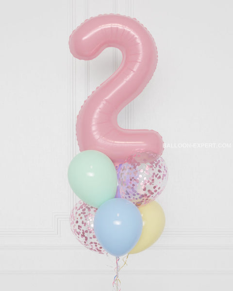 Pastel Rainbow - Number Confetti Balloon Bouquet, 7 Balloons, close up image, sold by Balloon Expert