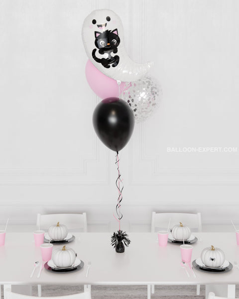 Spooky Cute Ghost Foil Confetti Balloon Bouquet, 4 Balloons, inflated with helium