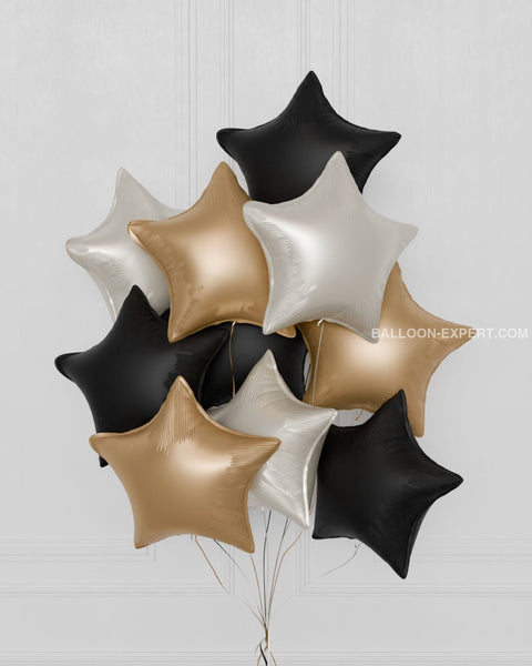 Stars Foil Balloon Bouquet, 10 Balloons in Black, Gold, and White, Helium Inflated, Closeup