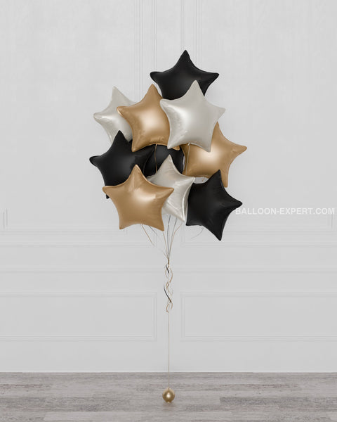 Stars Foil Balloon Bouquet, 10 Balloons in Black, Gold, and White, Helium Inflated