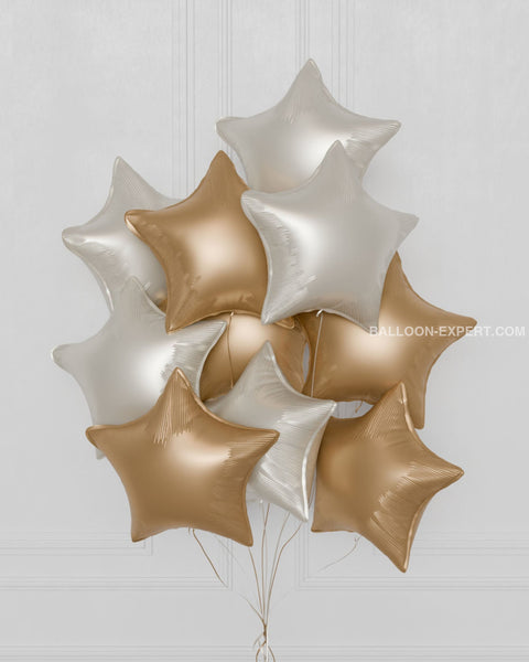 Stars Foil Balloon Bouquet, 10 Balloons in Gold and White, Helium Inflated, Closeup
