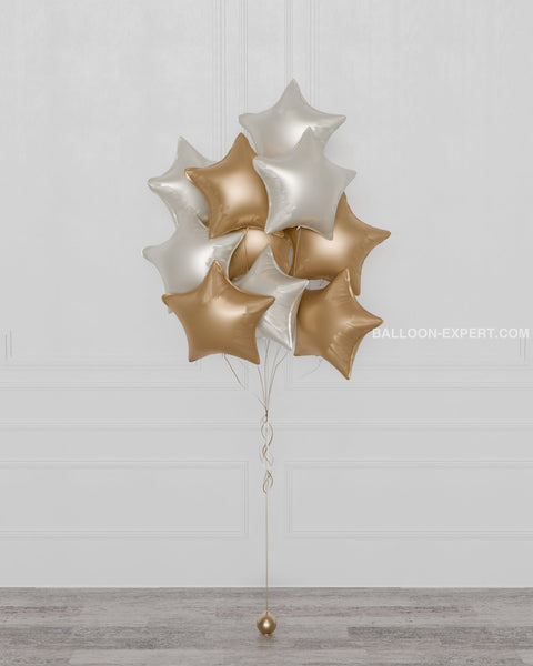 Stars Foil Balloon Bouquet, 10 Balloons in Gold and White, Helium Inflated
