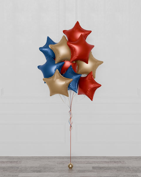 Stars Foil Balloon Bouquet, 10 Balloons in Red, Blue, and Gold, Helium Inflated