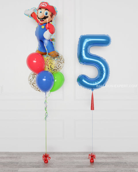 Super Mario Supershape Confetti Balloon Bouquet and Number Balloon from Balloon Expert