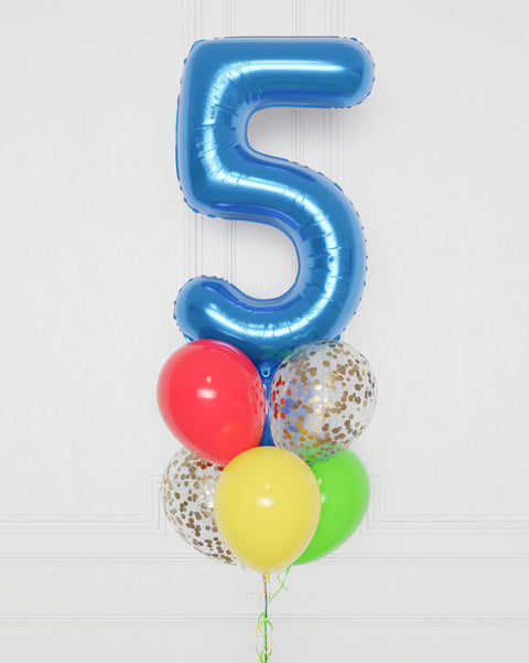 Super Marion Bros Number Confetti Balloon Bouquet, 7 Balloons, close up, sold by Balloon Expert