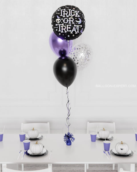 Trick or Treat Foil Confetti Balloon Bouquet, 4 Balloons, inflated with helium