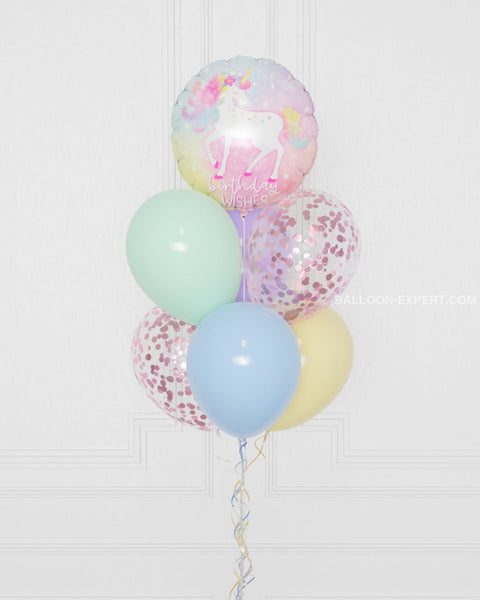 Unicorn Foil Confetti Balloon Bouquet, 7 balloons, close up image, Balloon Expert