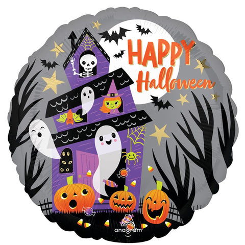 Ballon rond en aluminium avec inscription « Happy Halloween » représentant une maison hantée pour Halloween, 45,7 cm