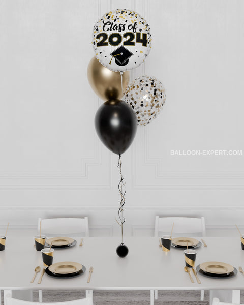 Class of 2024 Foil Confetti Balloon Bouquet, 4 Balloons in Black and Gold, Inflated with Helium