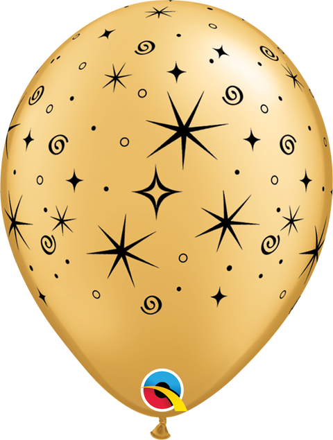12" Gold Sparkles & Swirls Latex Balloon, Helium Inflated from Balloon Expert