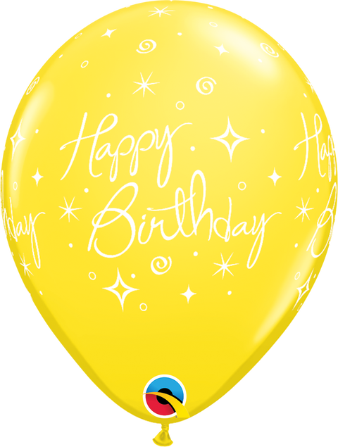 12" Yellow Latex Balloon - Birthday Elegant Sparkles & SwirlsHelium Inflated from Balloon Expert